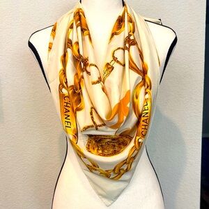 Authentic CHANEL Elegant Cambon Gold and Cream Scarf